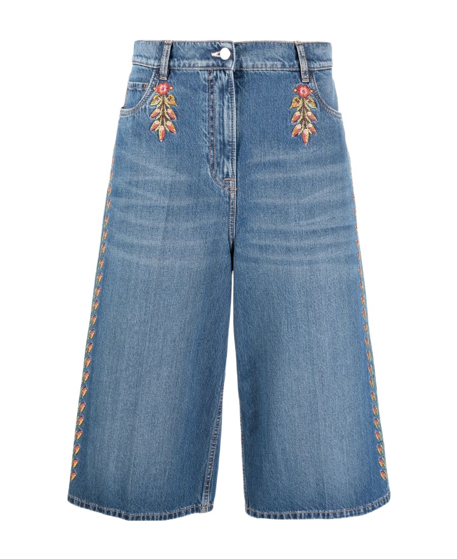 Etro Floral-embroidered Wide-leg Denim Culottes In Blue