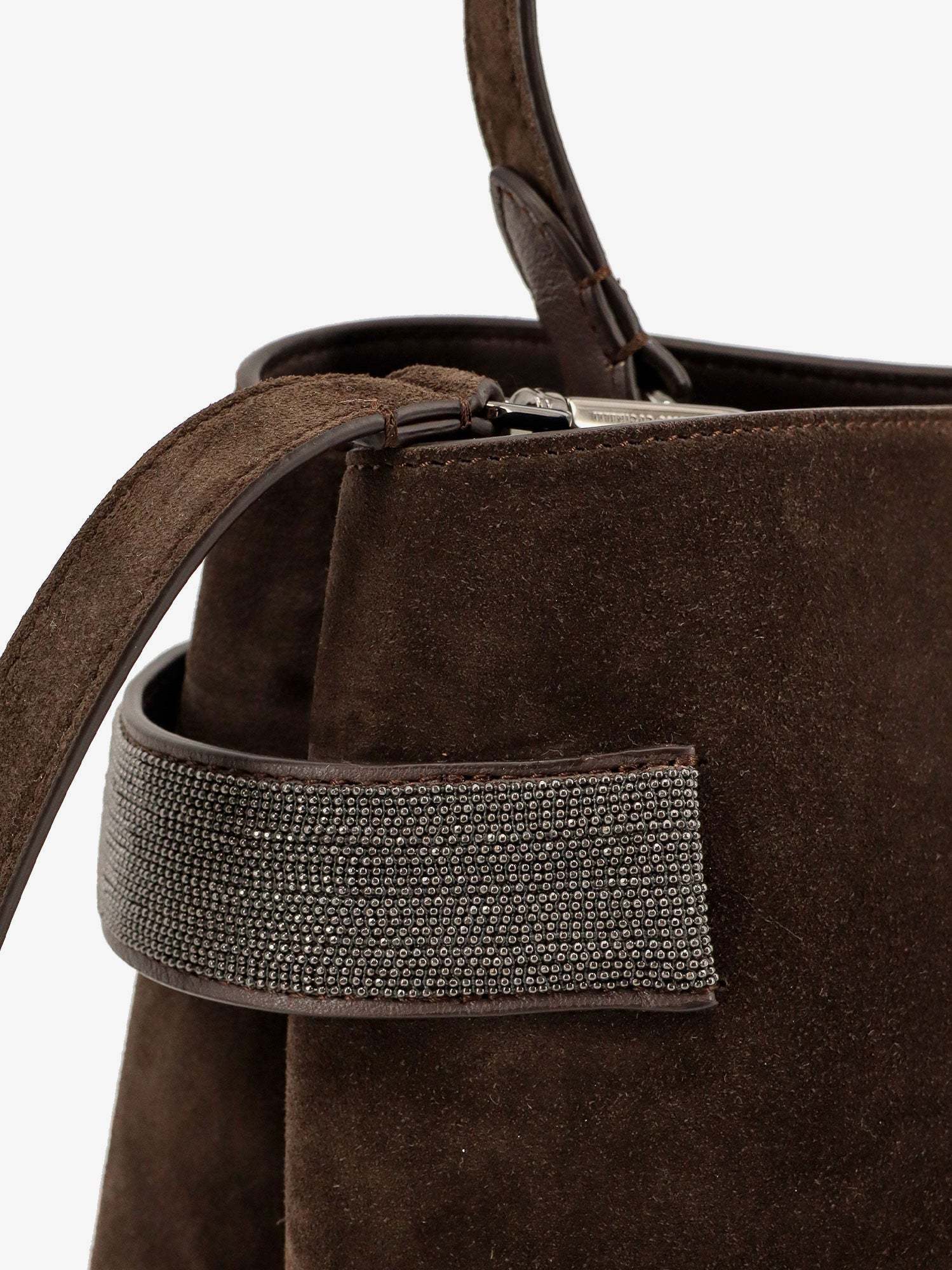 Brunello Cucinelli Essence Suede Beaded Shoulder Bag In Brown