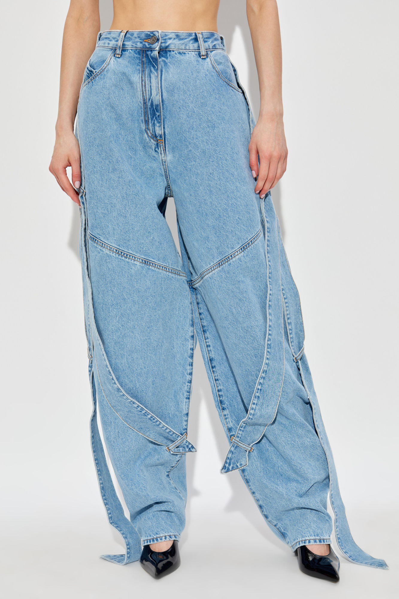 Attico Blue Jeans With Maxi Drawstring On The Front And Logo Patch On The Rear In Denim Woman