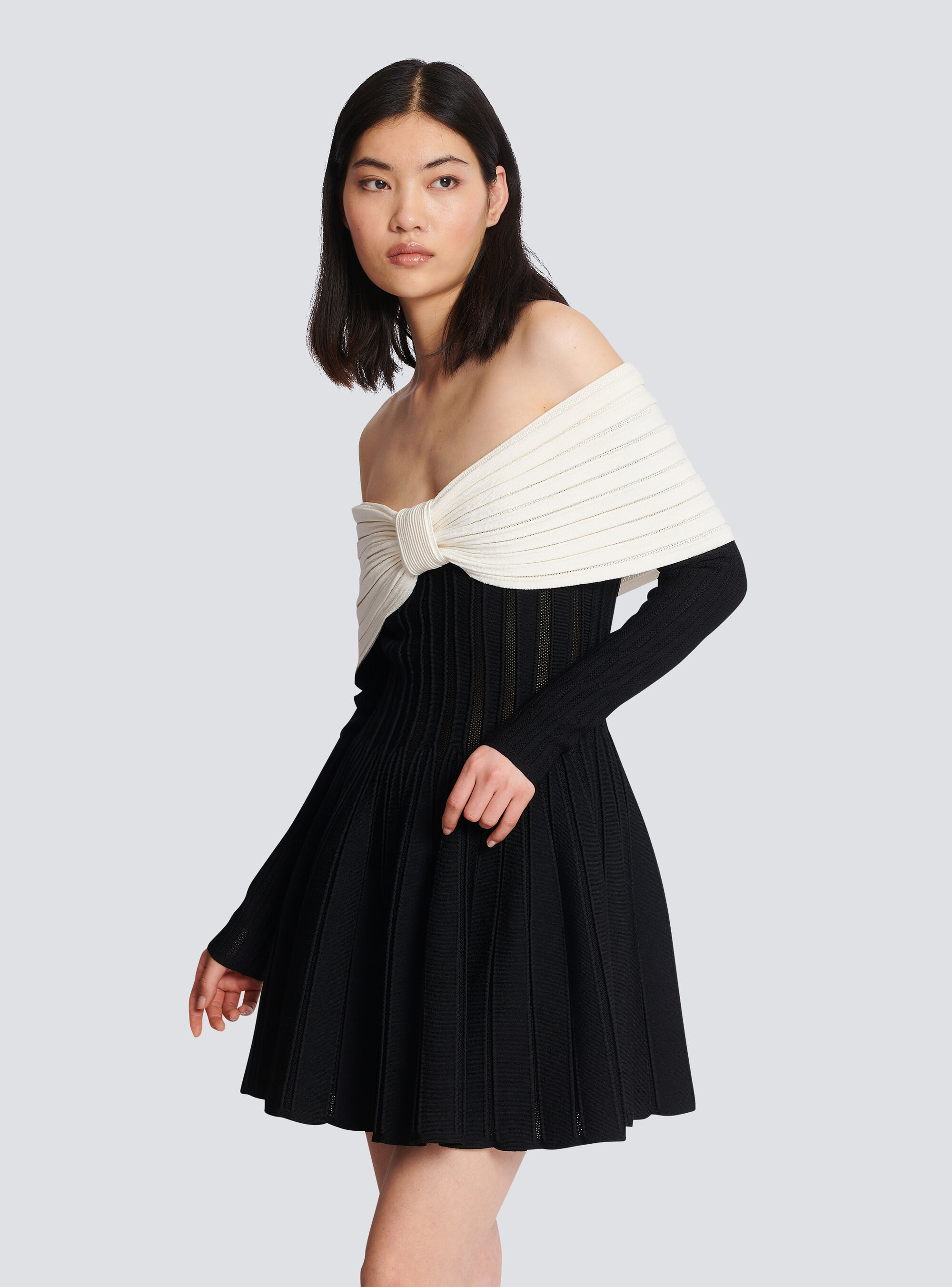Balmain Off-the-shoulder Two-tone Ribbed-knit Mini Dress In Black