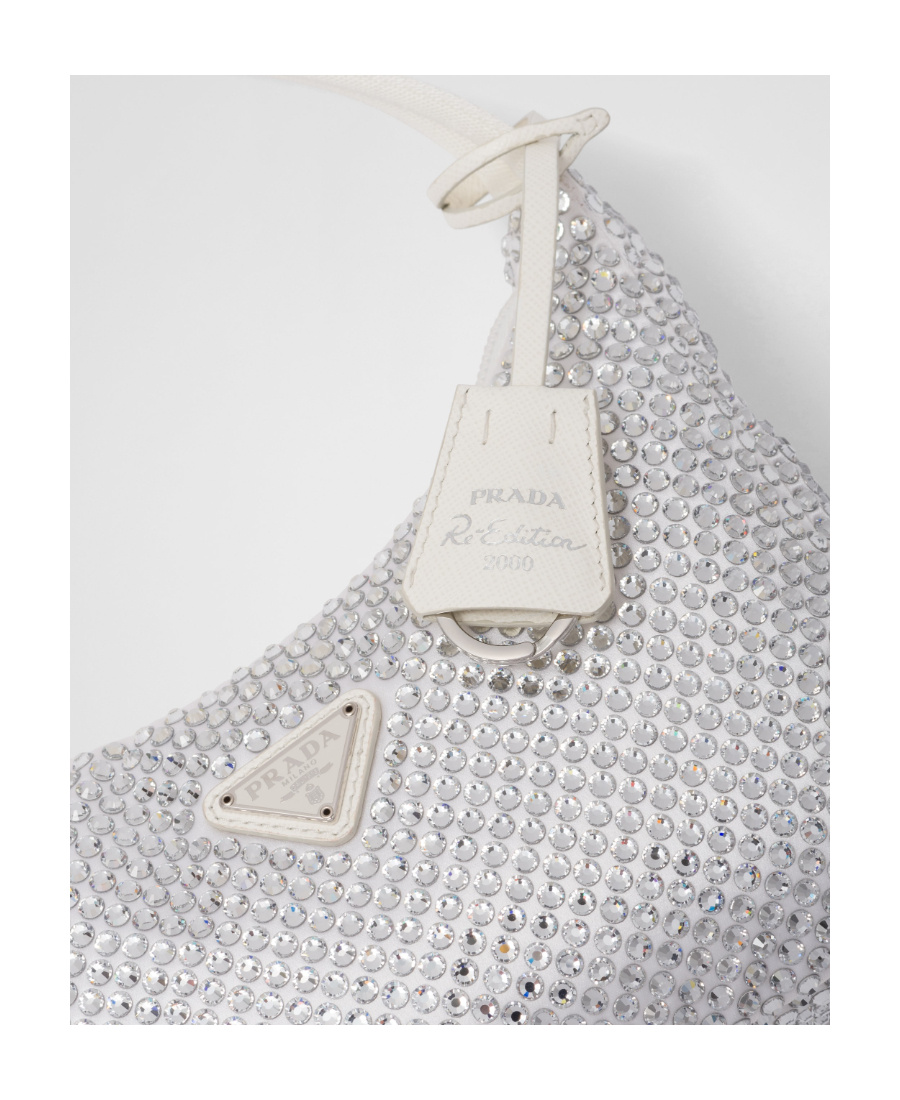 Prada Re-edition Satin Mini-bag With Crystals In White