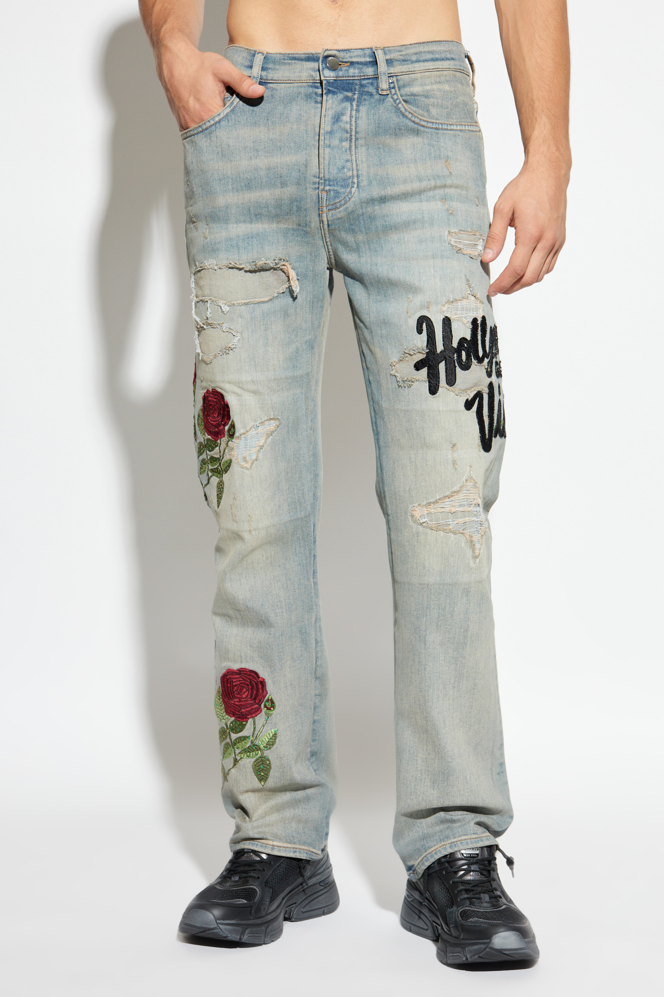 Amiri Rose-embroidered Distressed Jeans In Gray