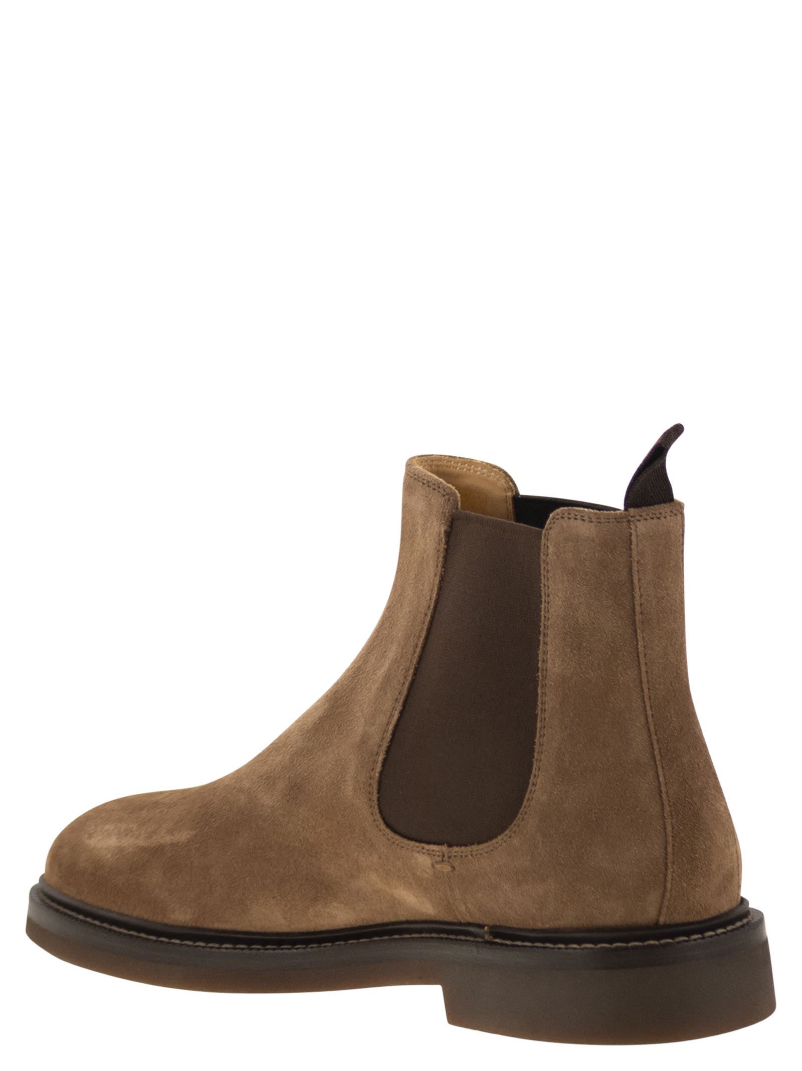 Brunello Cucinelli Mens Dark Brown Chunky-sole Pull-tab Suede Chelsea Boots In Brown