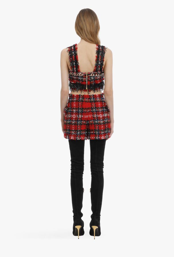 Balmain Frayed Check Tweed Shorts In Multicolor