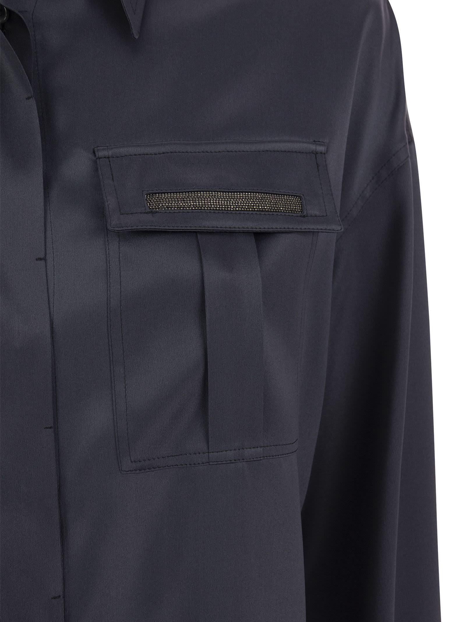 Brunello Cucinelli Women's Stretch Silk Satin Shirt With Shiny Pockets In Blue