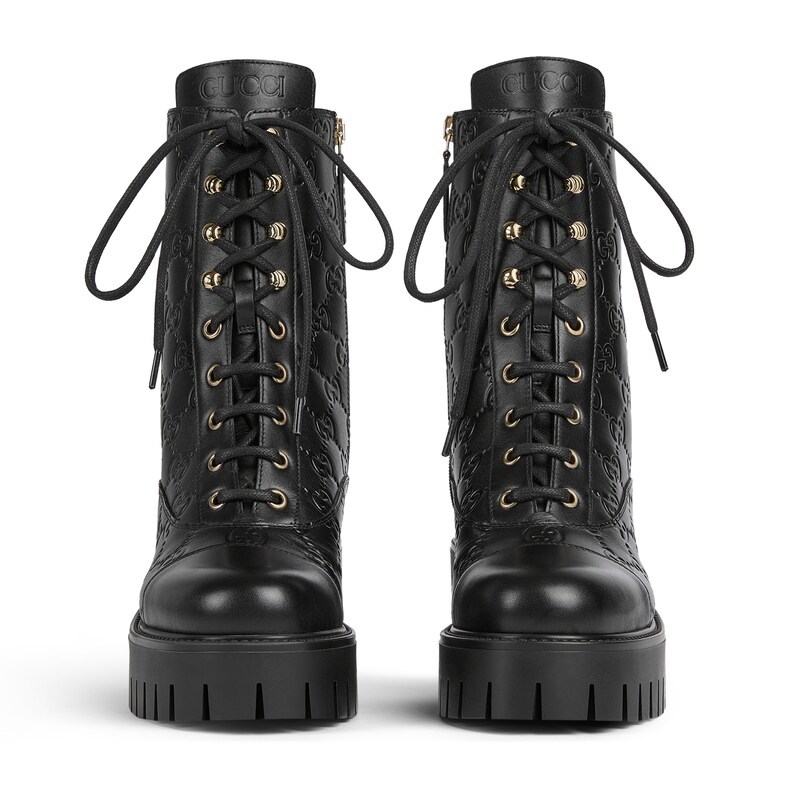 Gucci New Marmont Gg Interlock Leather Combat Boots In Black