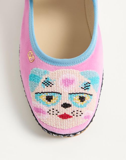 Valentino Garavani Mary-jane Endouce Velvet Ballerina With Le Chat De La Maison Embroidery Woman Pin In Pink