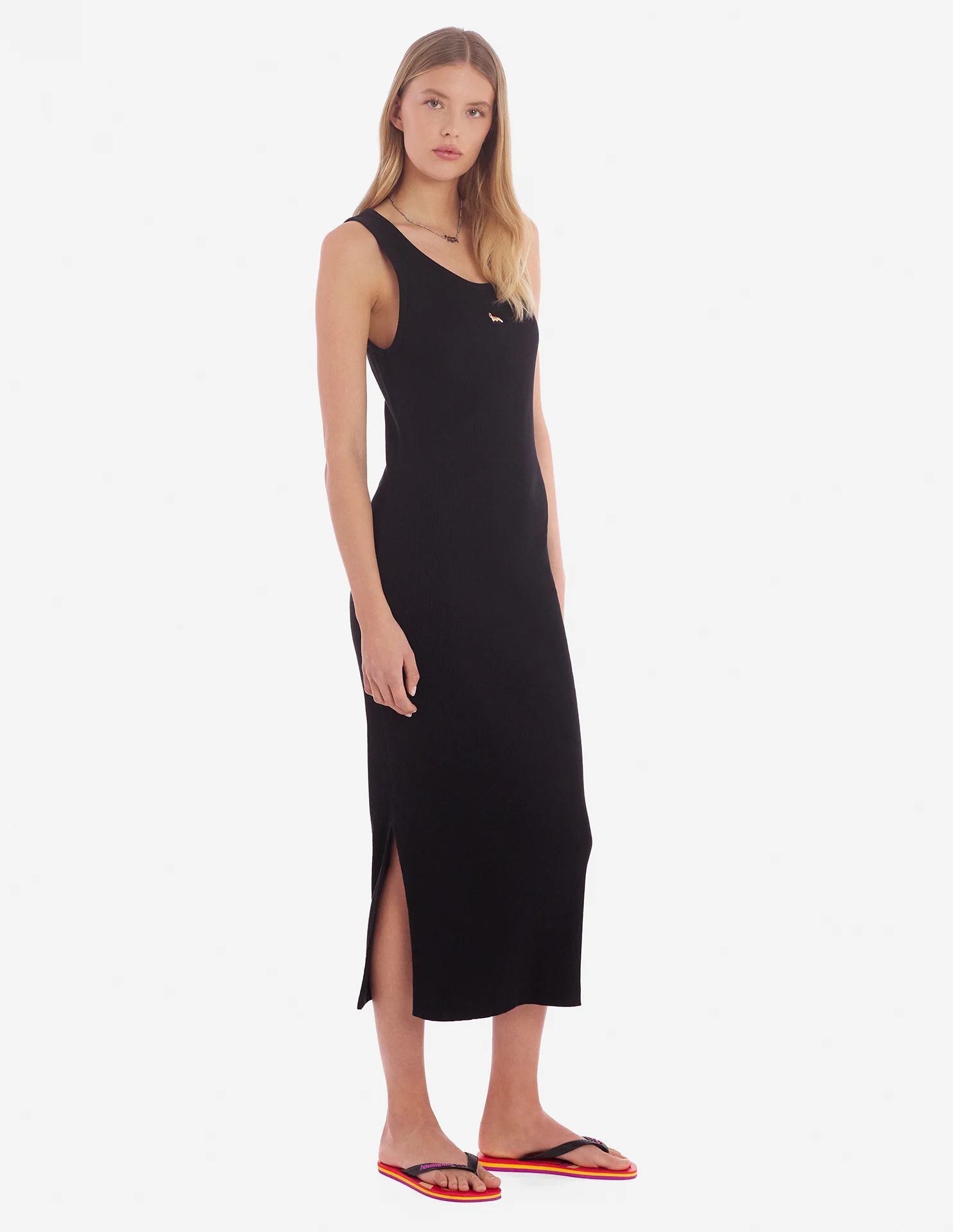 Maison Kitsuné Black Baby Fox Ribbed Tank Midi Dress In Black