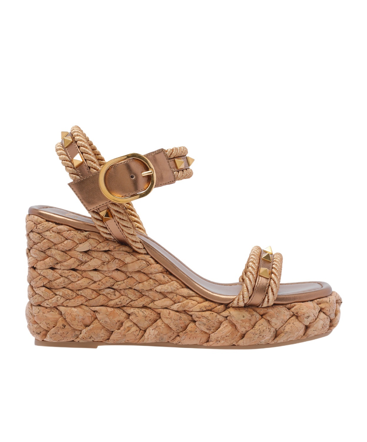 Valentino Studded Leather Cork Wedge Sandals In Brown