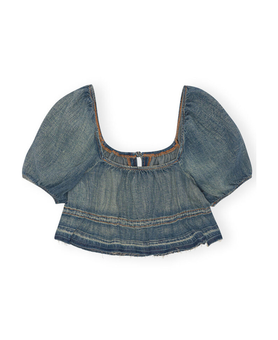 GANNI TINT EDGE DENIM PUFF SLEEVE TOP