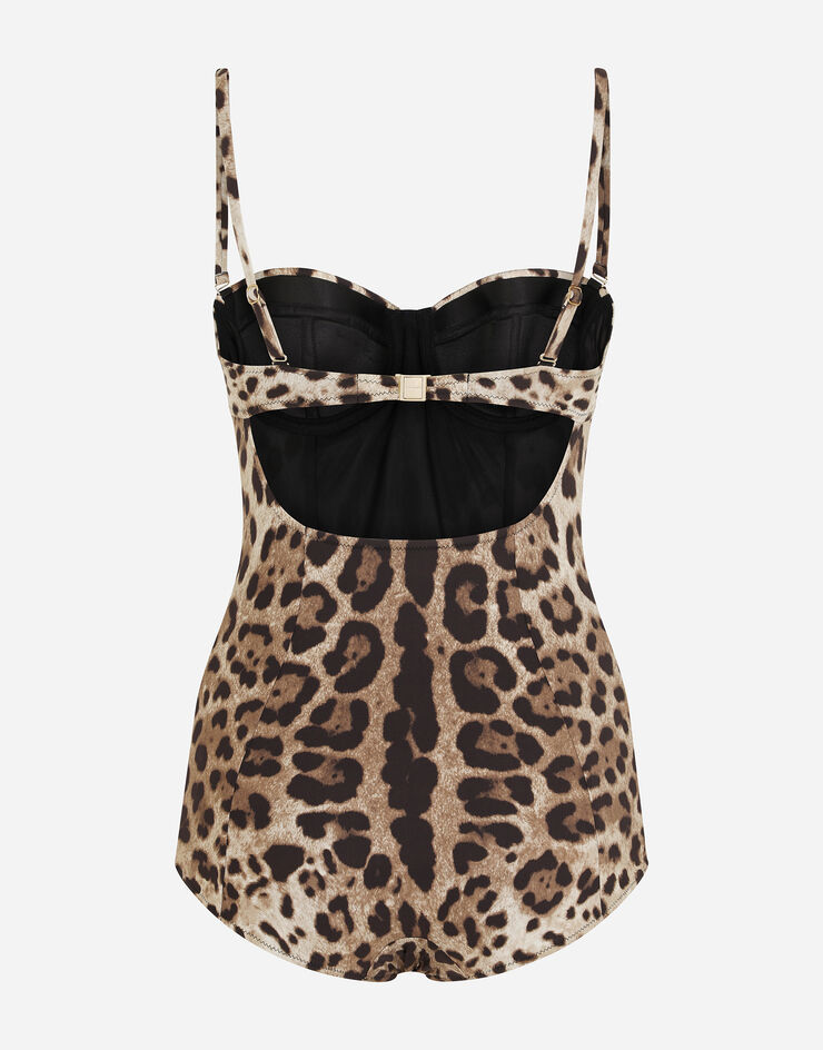 Dolce & Gabbana Embellished Leopard-print Underwired Swimsuit In Brown