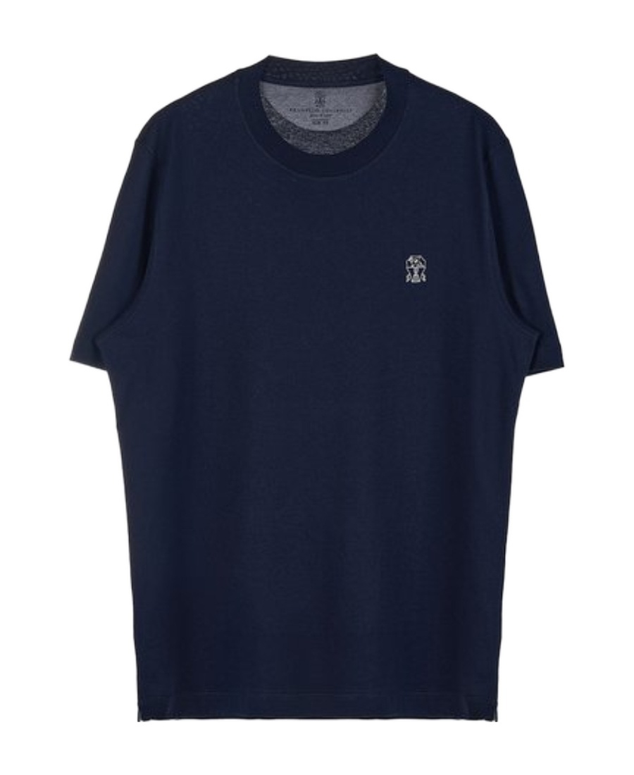 Brunello Cucinelli Short-sleeved Crew Neck T-shirt With Contrasting Stitching In Blue