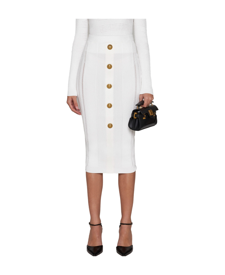 BALMAIN LION-HEAD-BUTTONS RIBBED SKIRT