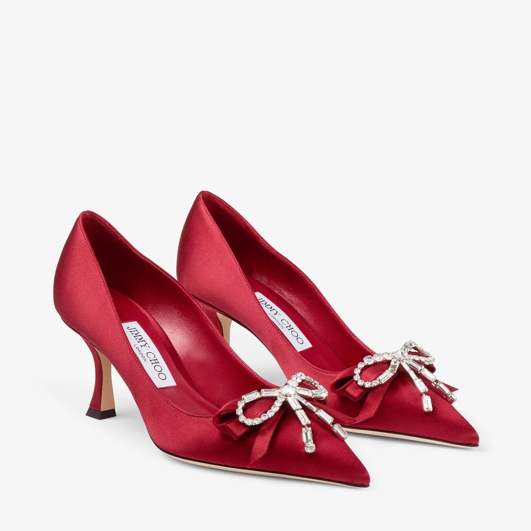 Jimmy Choo Women's Auria 70mm Crystal-embellished Bow Satin Pumps In Red