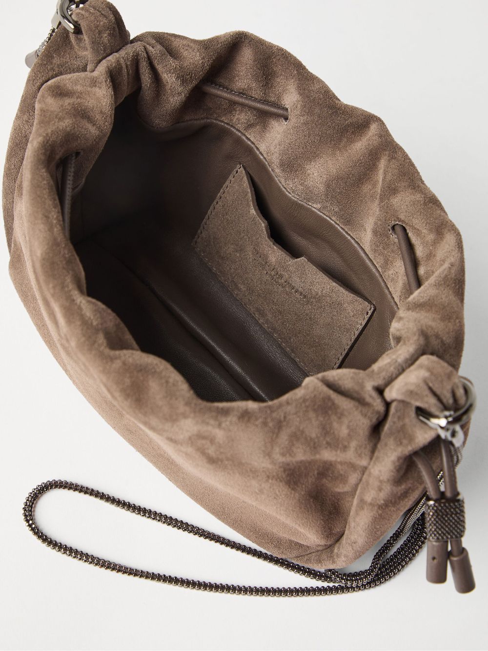 Brunello Cucinelli Soft Suede Drawstring Bag With Chain-link Strap In Brown