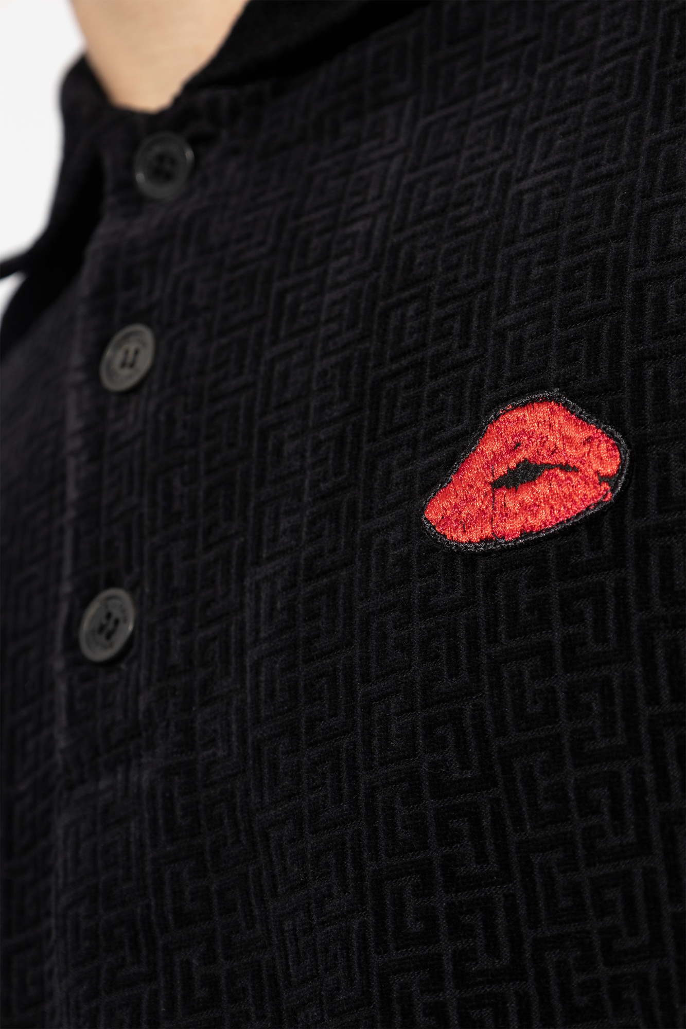 Balmain Lip Motif Collared Polo Shirt In Black