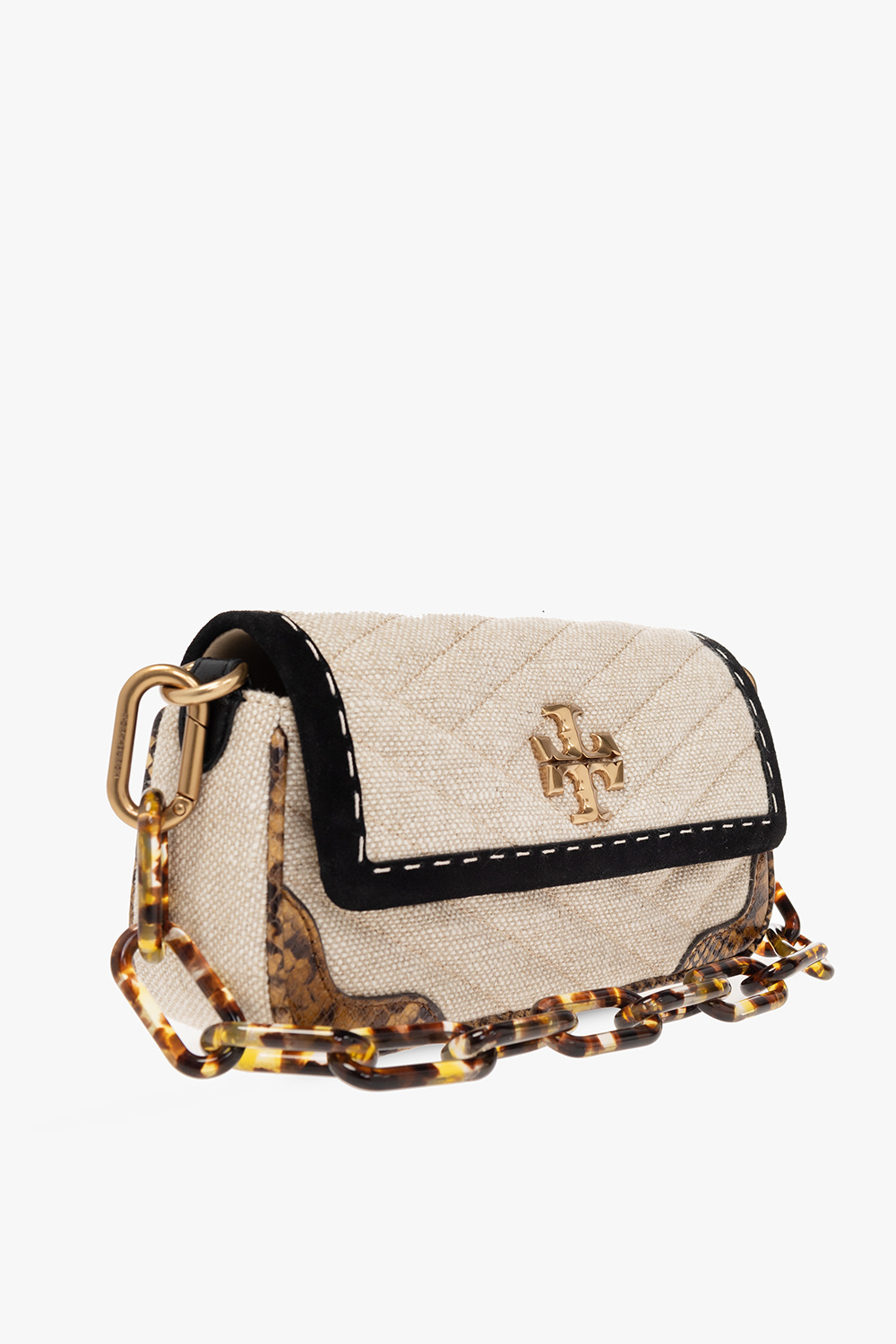 Tory Burch Small Kira Mixed-media Shoulder Bag In Nude