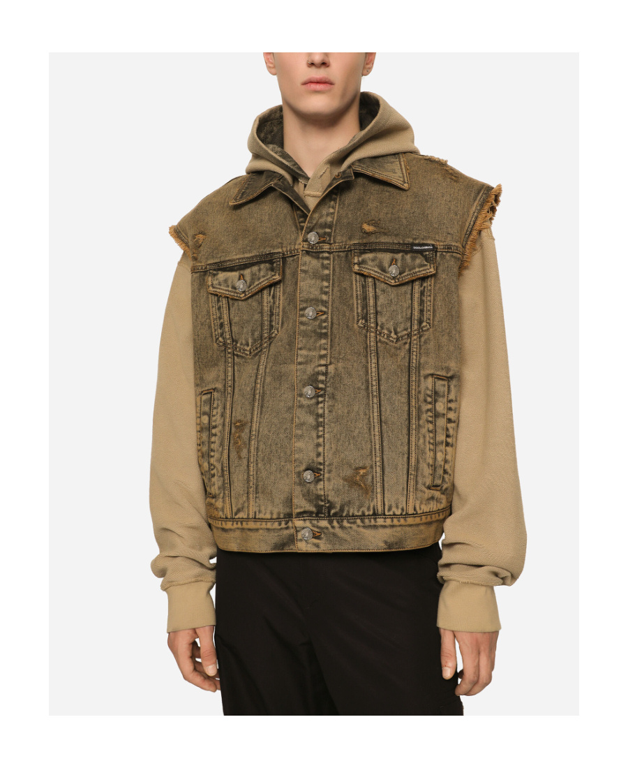 Dolce & Gabbana Over-dyed Sleeveless Denim Jacket In Brown