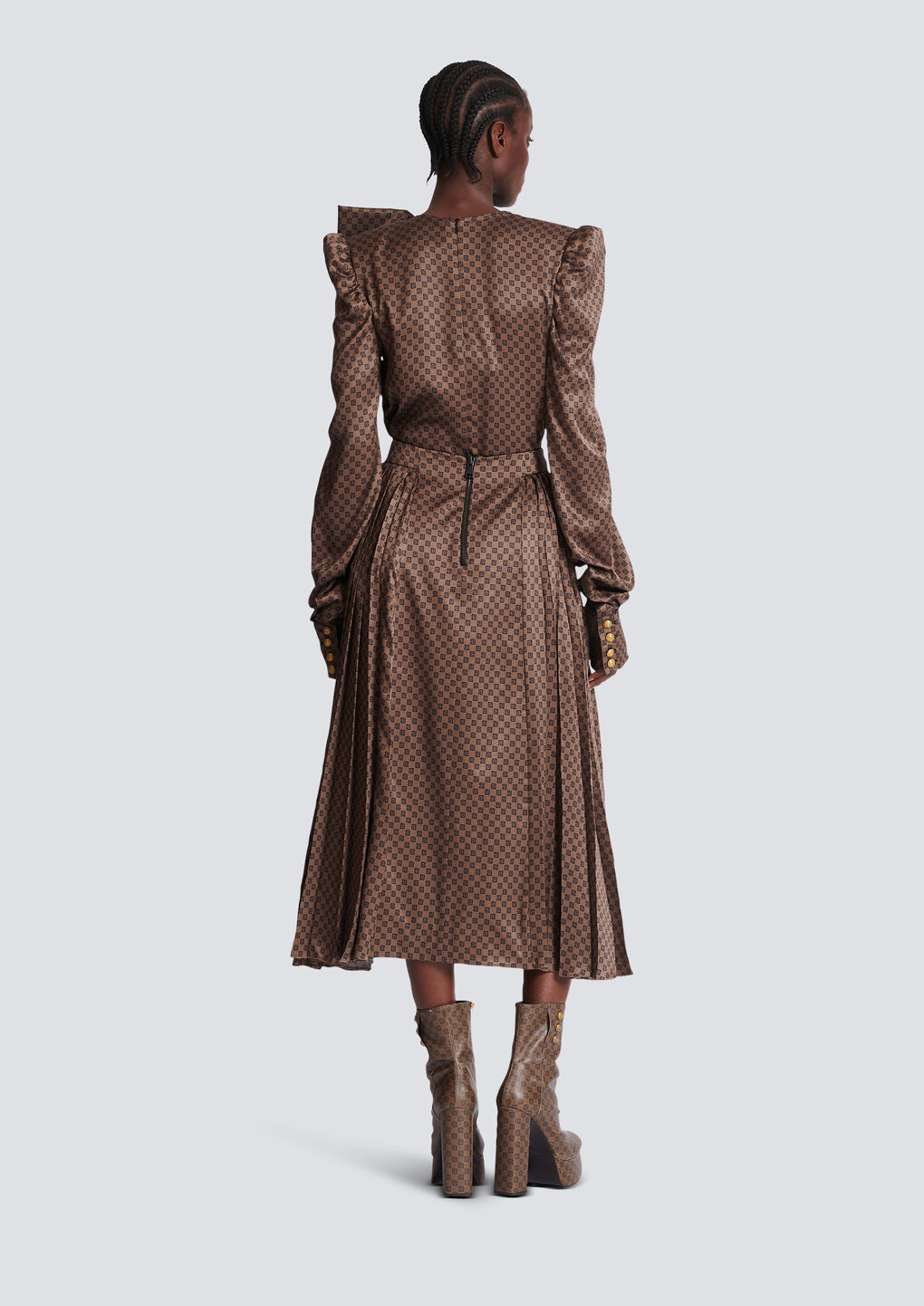 Balmain Monogram-print Pleated Midi Skirt In Brown