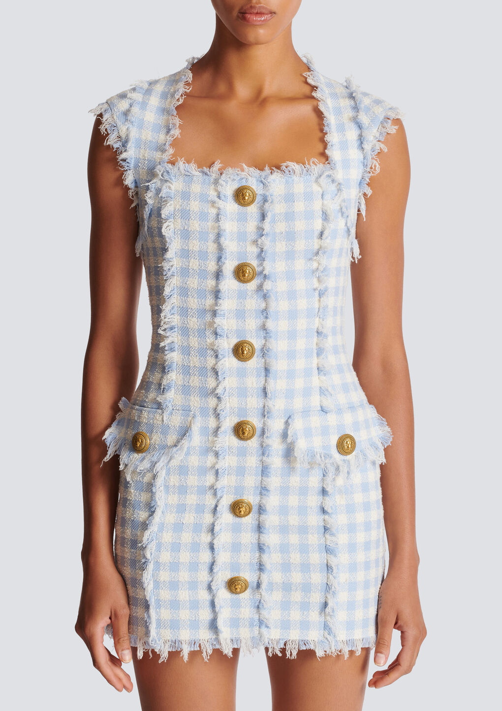 Balmain Frayed Gingham Cotton-blend Tweed Mini Dress In Blue