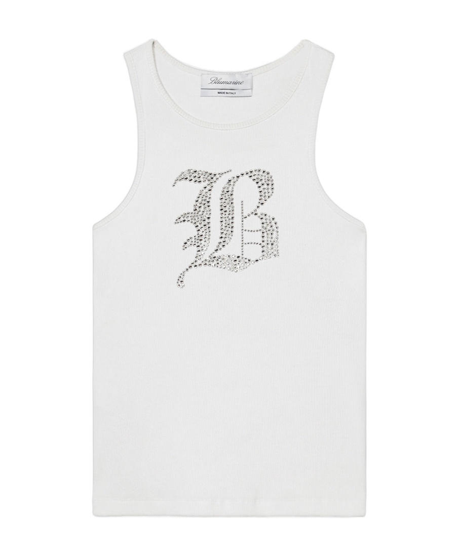 Blumarine Ribbed Tank Top With Rhinestoned Logo In White