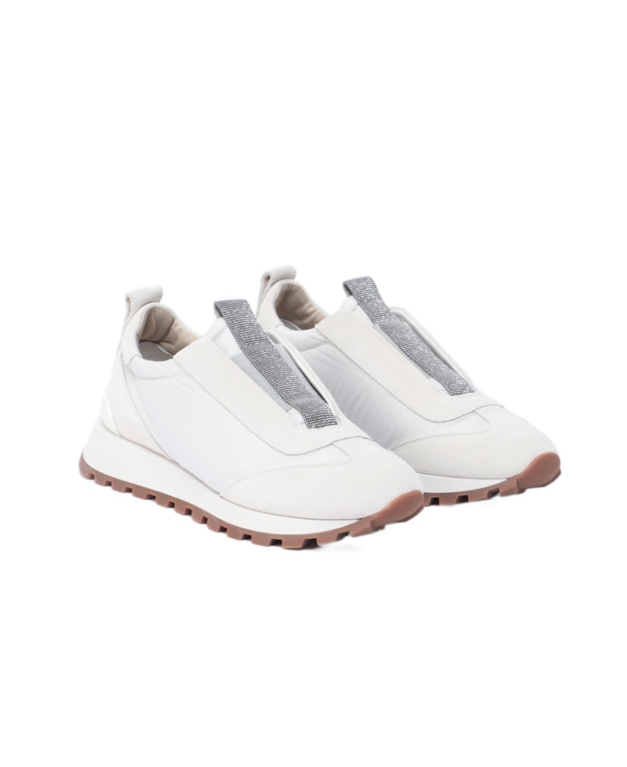 Brunello Cucinelli Women Slip On Sneakers In Leather And Fabric In Neutral