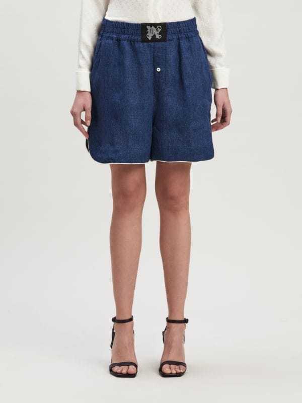 Palm Angels Monogram Patch Elastic Waist Boxer Shorts In Blue