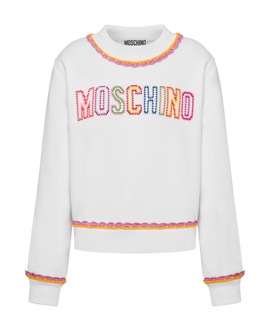 Moschino Crewneck Sweatshirt With Embroidered Logo And Scalloped Trim In White