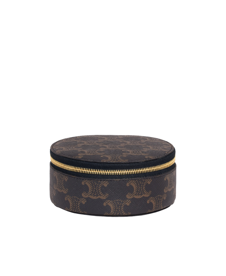 Celine Zipped Round Case In Triomphe Canvas And Calfskin In Black