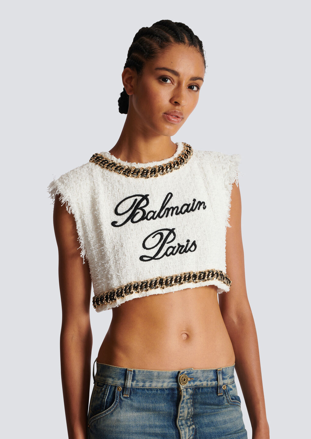 Balmain Signature-embroidered Tweed Crop Top In White