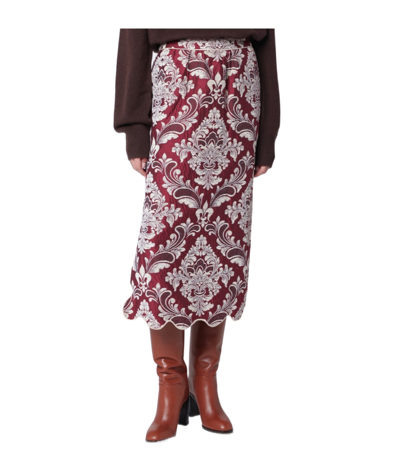 Farm Rio Patterned-jacquard Scallop-hem Midi Skirt In Burgundy