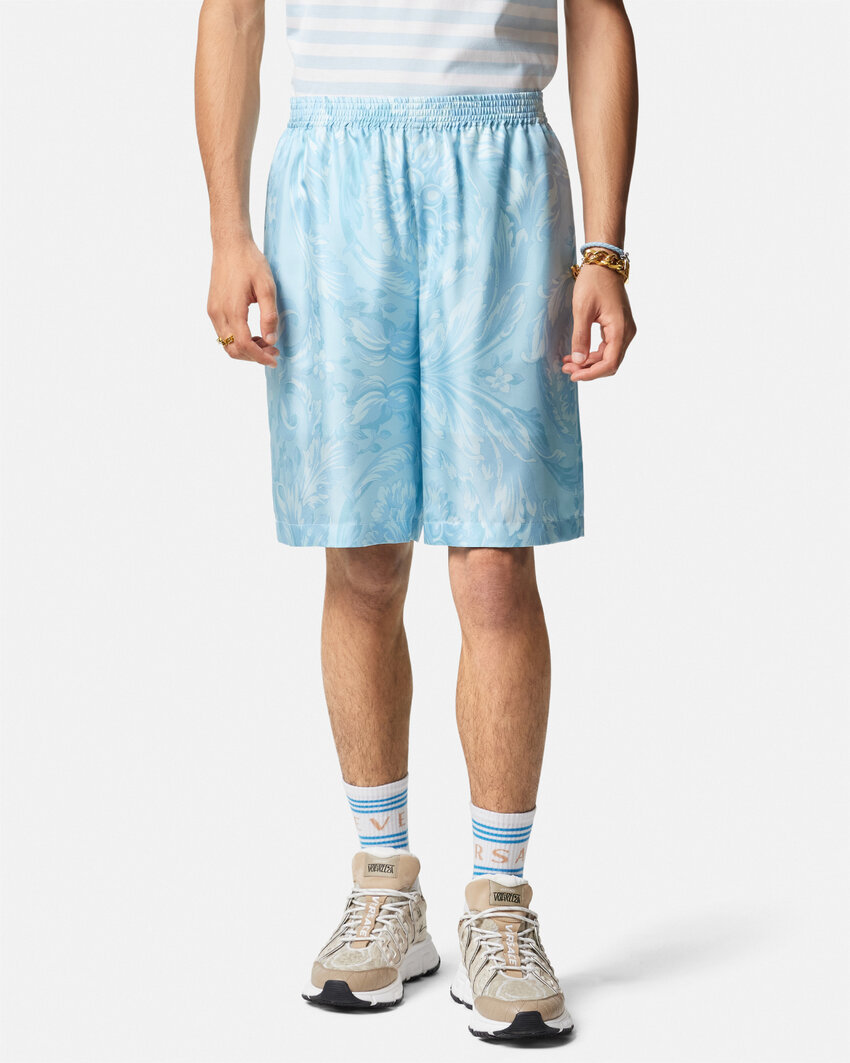 Versace Barocco Print Silk Shorts In Blue