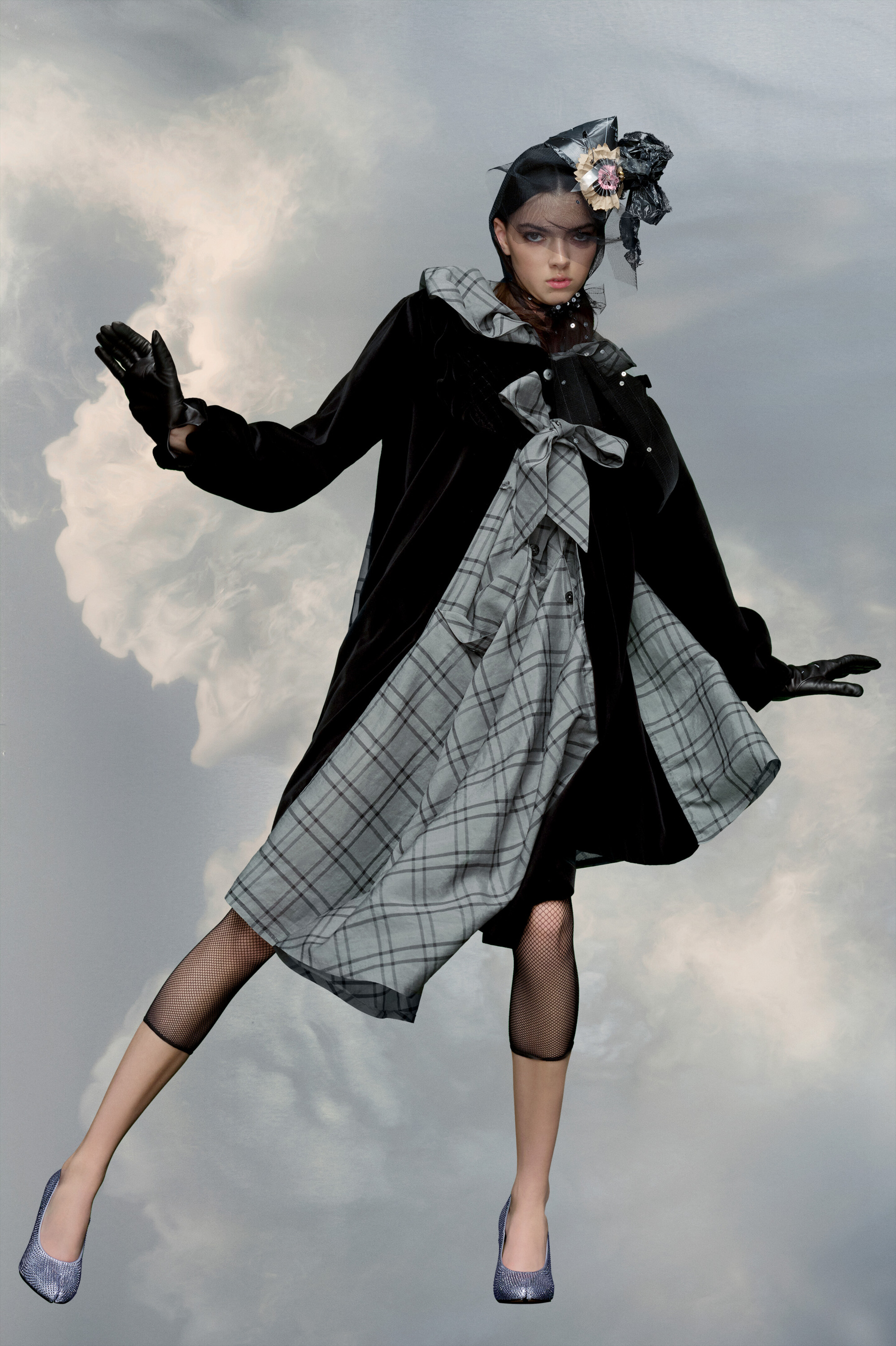 Maison Margiela Spliced Check-print Silk Dress In Gray