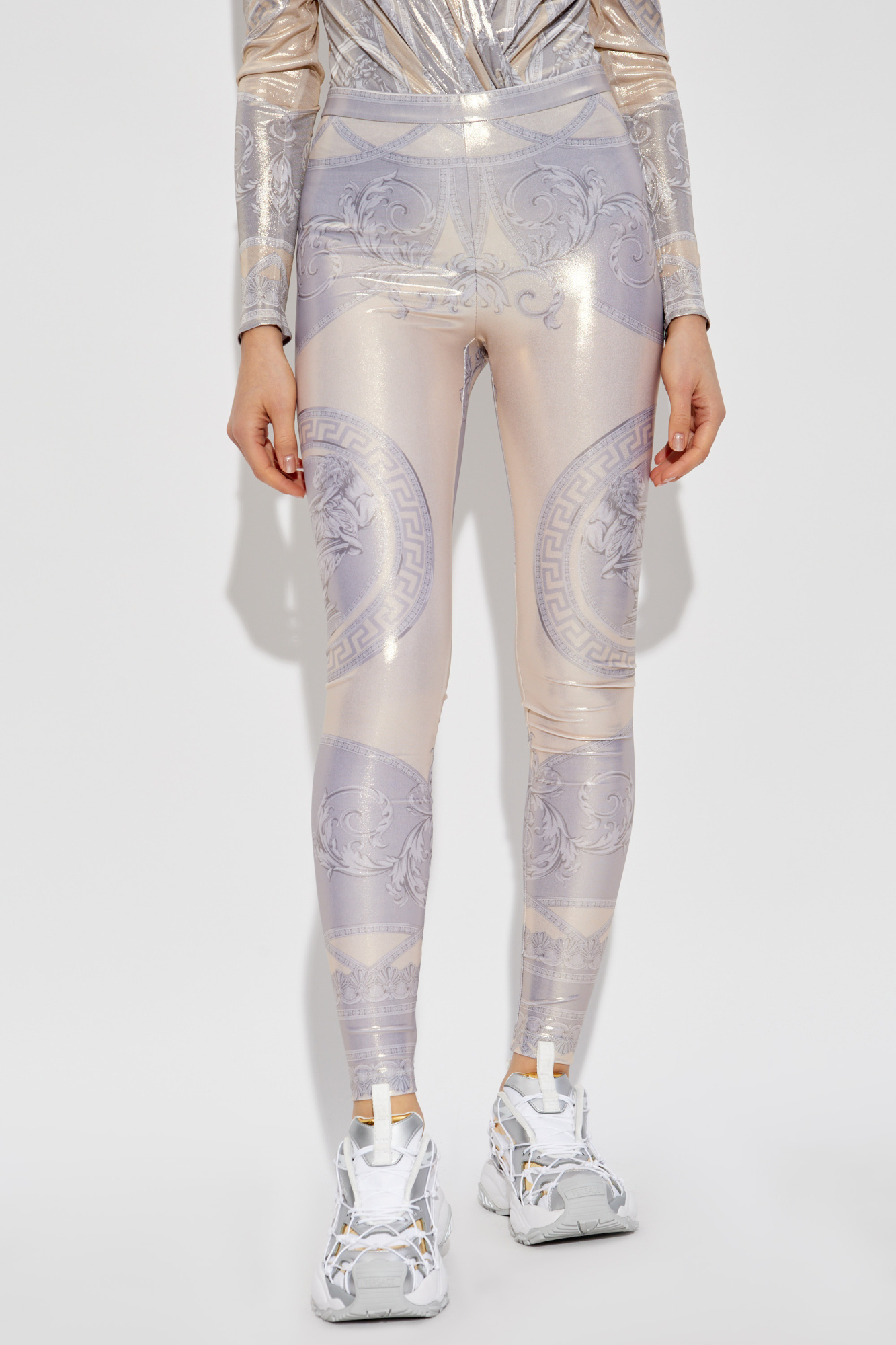 Versace La Coupe Des Dieux Laminated Leggings In Gray