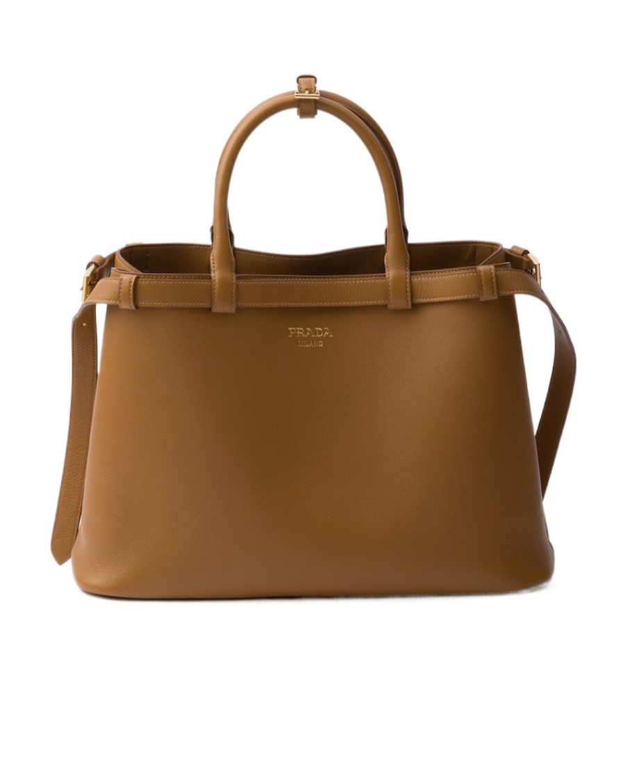Prada Buckle Medium Leather Handbag With Double Belt In Brown