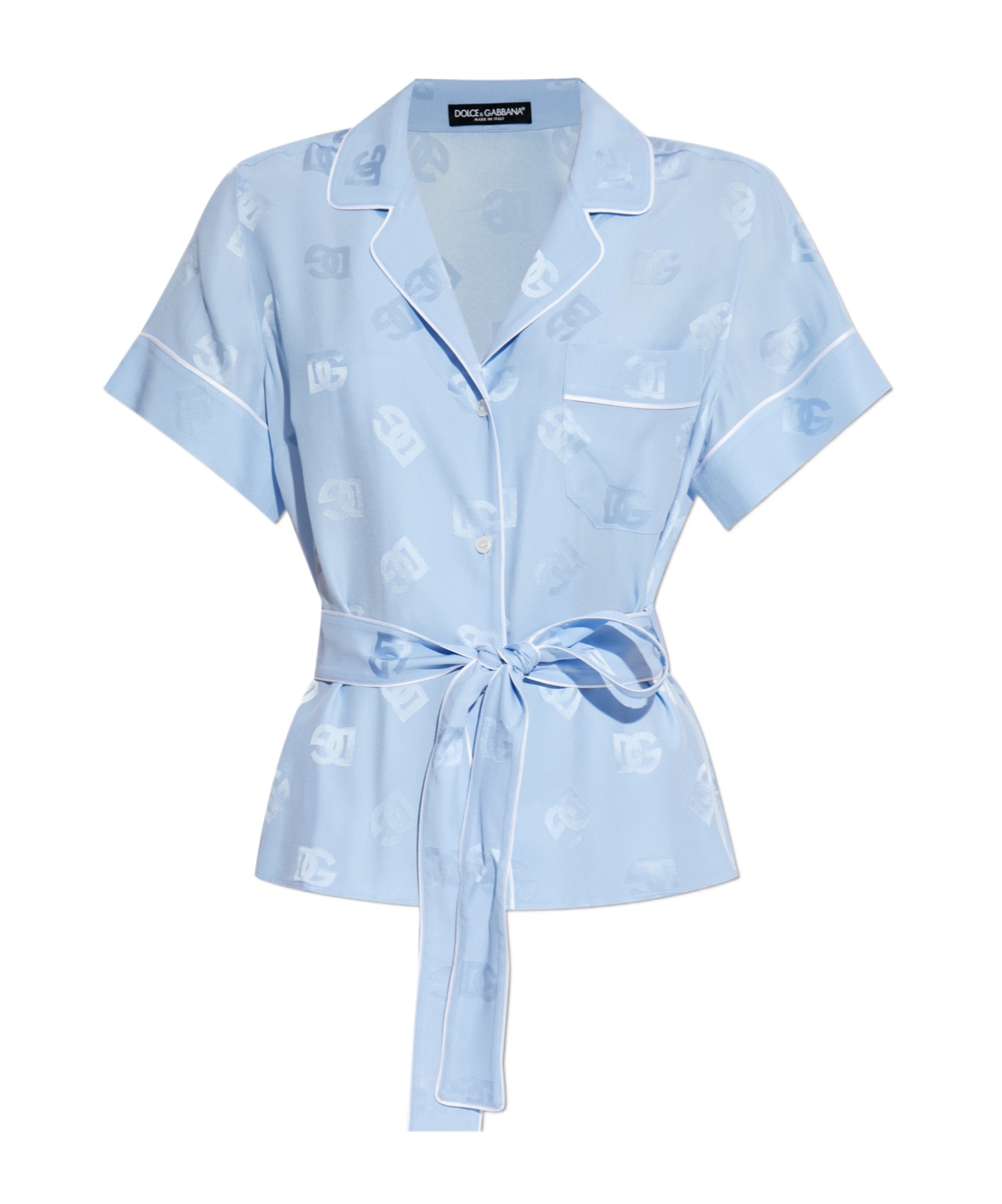 Dolce & Gabbana Short-sleeved Silk Satin Jacquard Pajama Shirt With Dg Logo In Blue