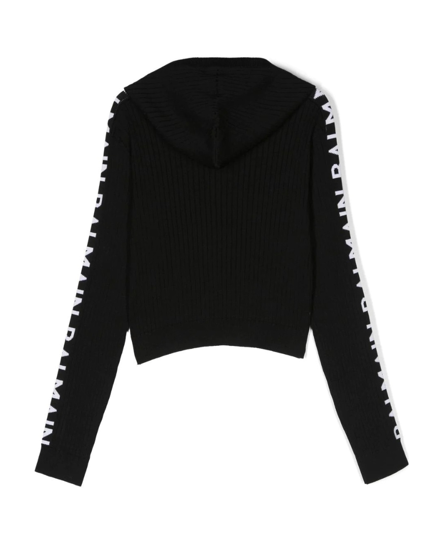 BALMAIN RIBBED LOGO-KNIT COTTON HOODIE