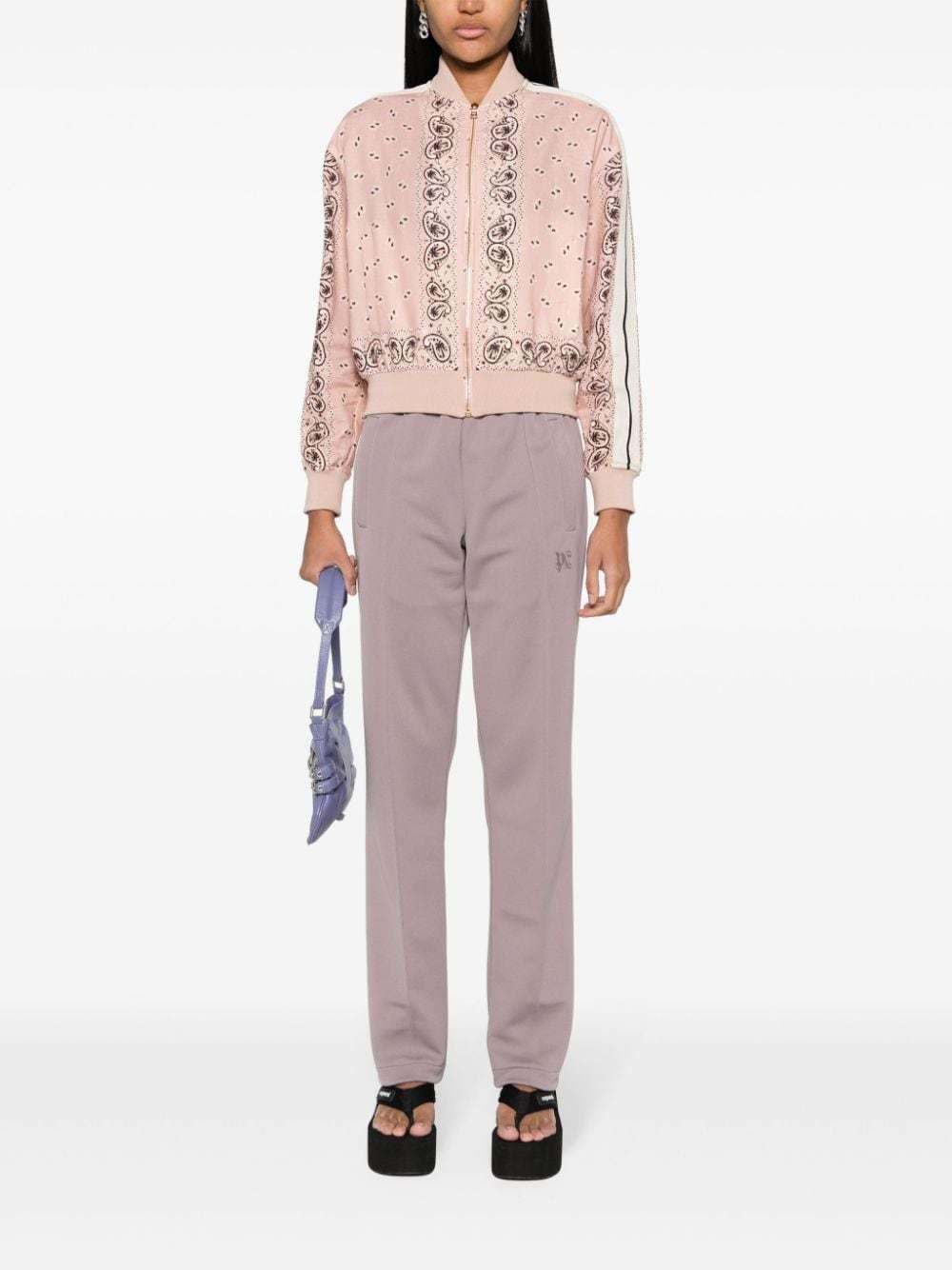 Palm Angels Pink\/white Linen Blend Print Bomber Jacket In Nude