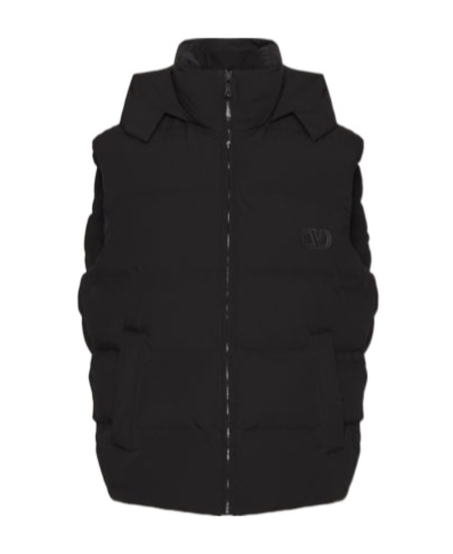 Valentino Matt Nylon Hooded Waistcoat With Vlogo Signature Patch In Black
