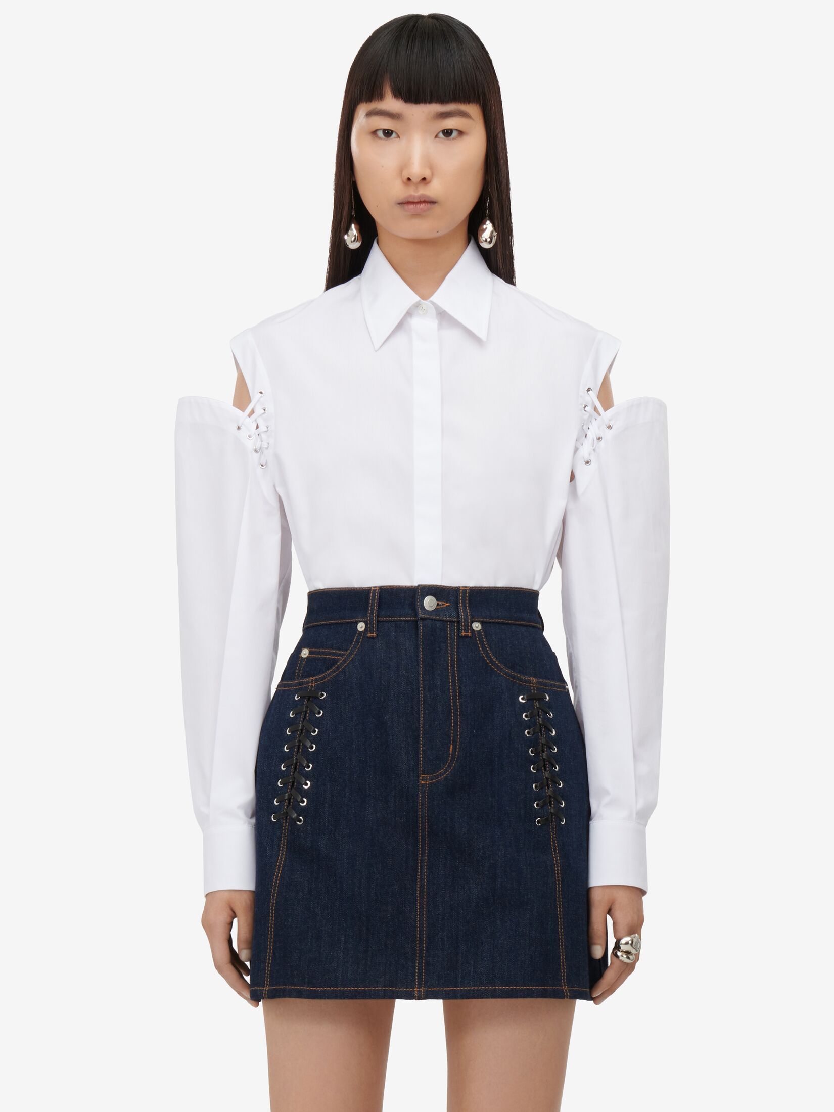 Alexander Mcqueen Lace-detail Denim Miniskirt In Blue