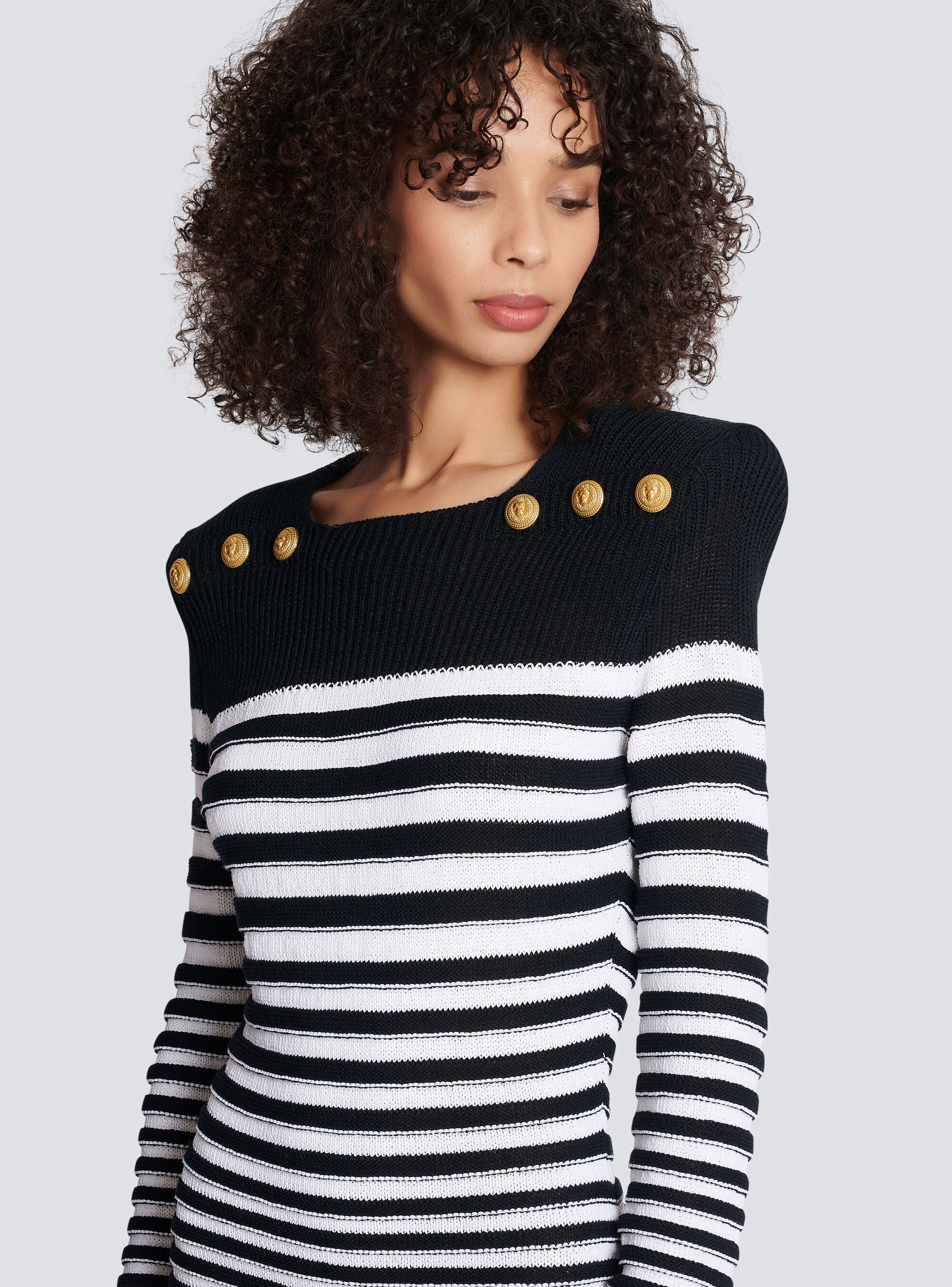Balmain Button-embellished Striped Ribbed Cotton-blend Mini Dress In Black