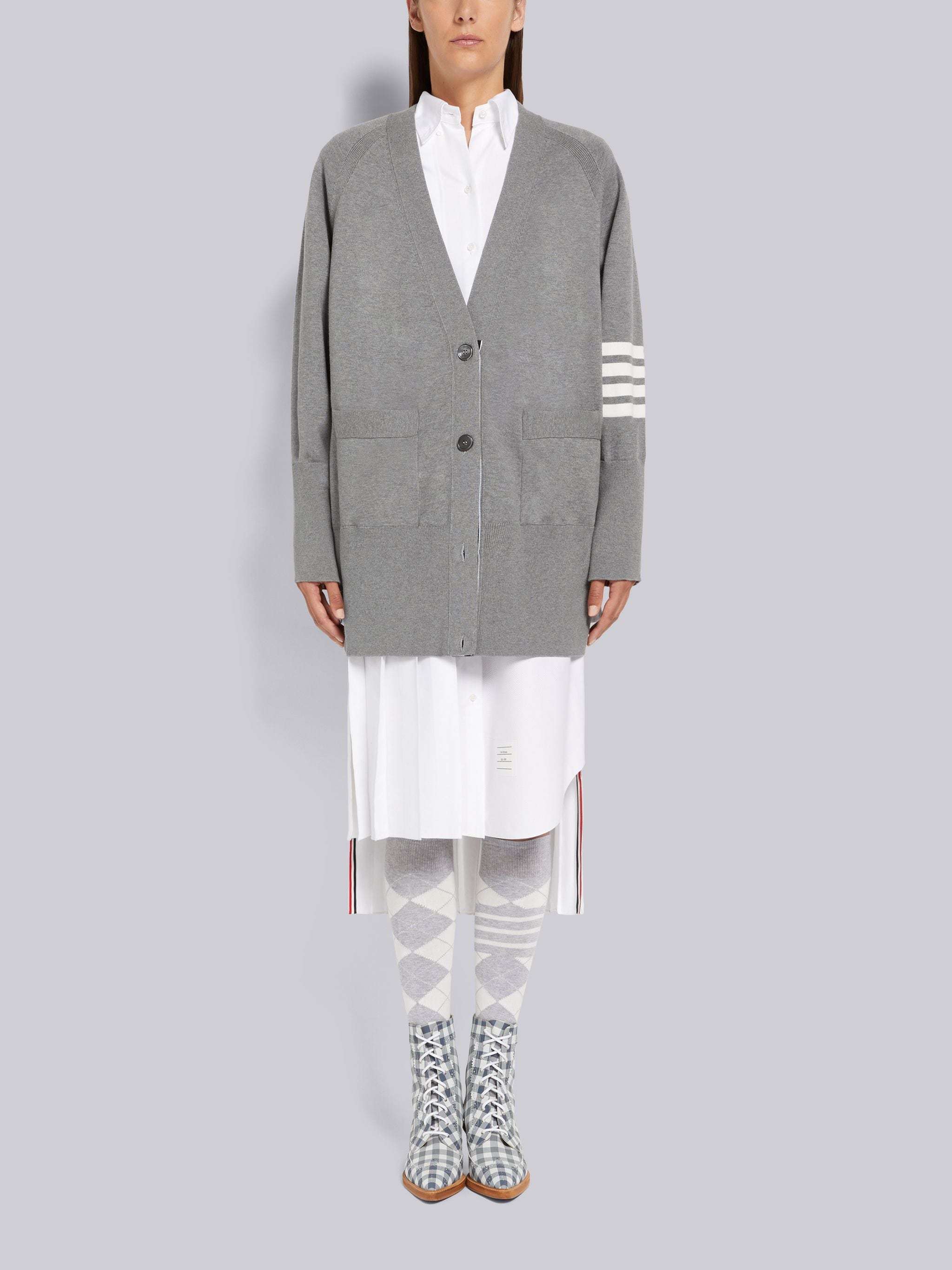 Thom Browne Light Grey 4-bar Exaggerated Fit V-neck Cardigan In Gray