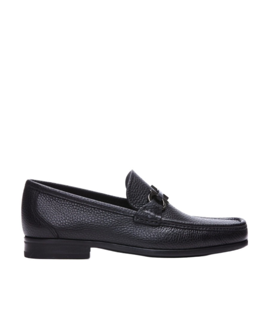 Ferragamo Textured Black Leather Loafers With Metallic Bit Detail In Black