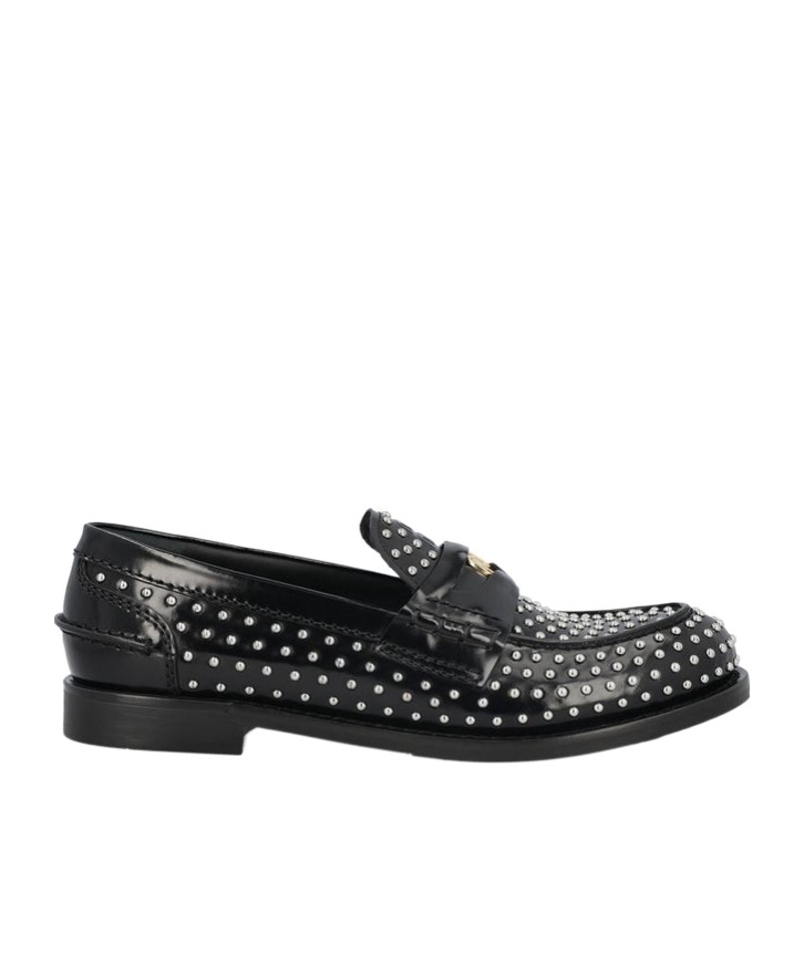 Miu Miu Studded Brushed Leather Penny Loafers In Black