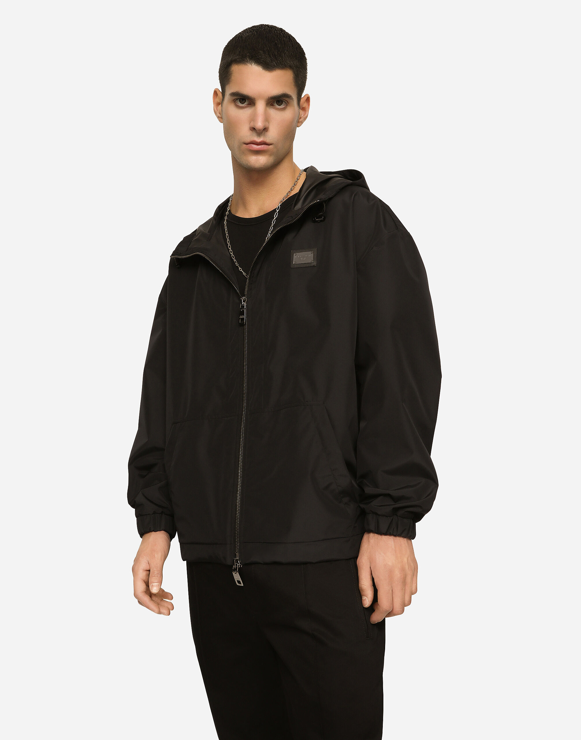 Dolce & Gabbana Nylon Jacket With Hood And Branded Tag In Black