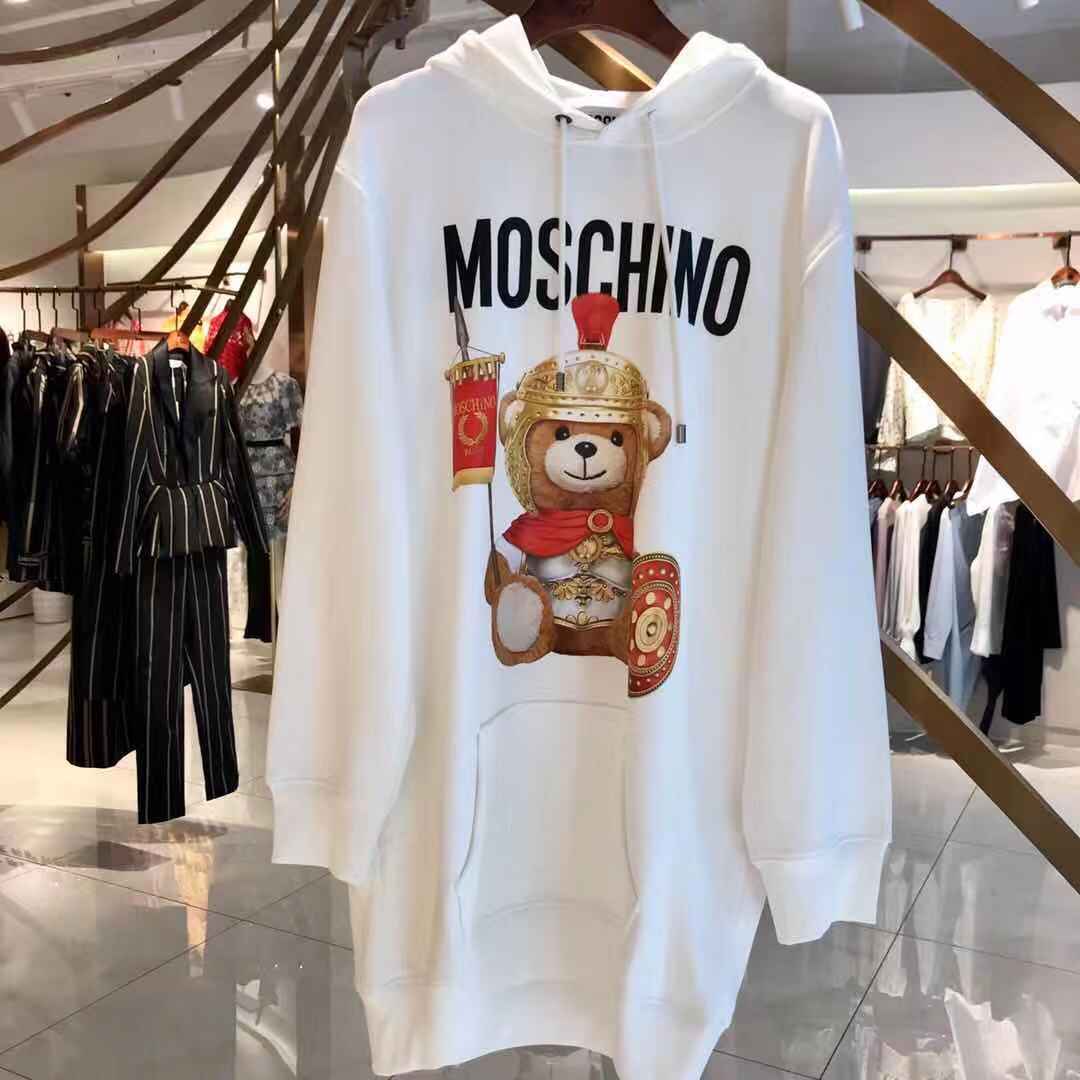 Moschino Logo Teddy Bear Printed Hooded Sweater In White