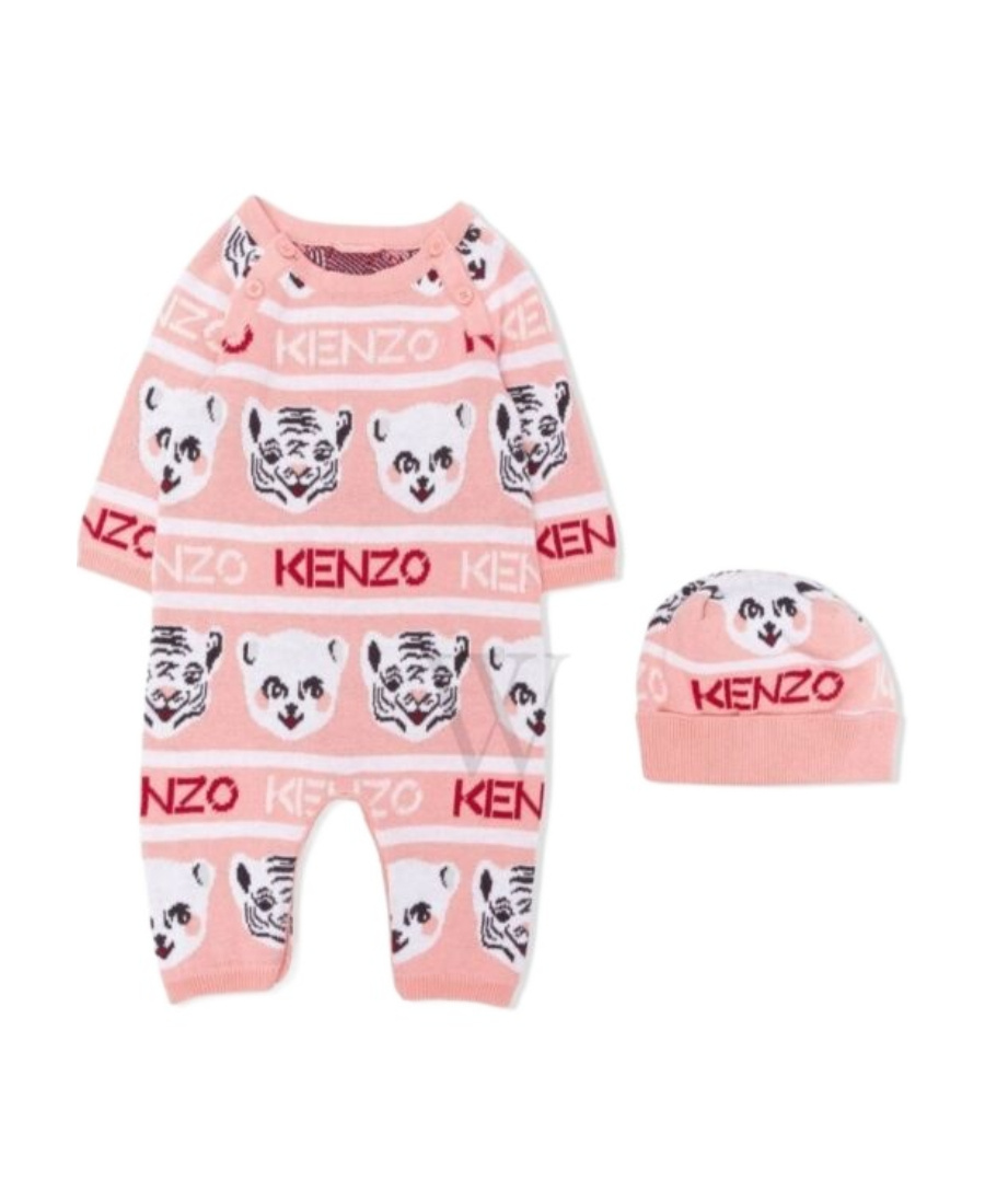Kenzo Inlaid Logo Baby Suit And Hat Set In Pink