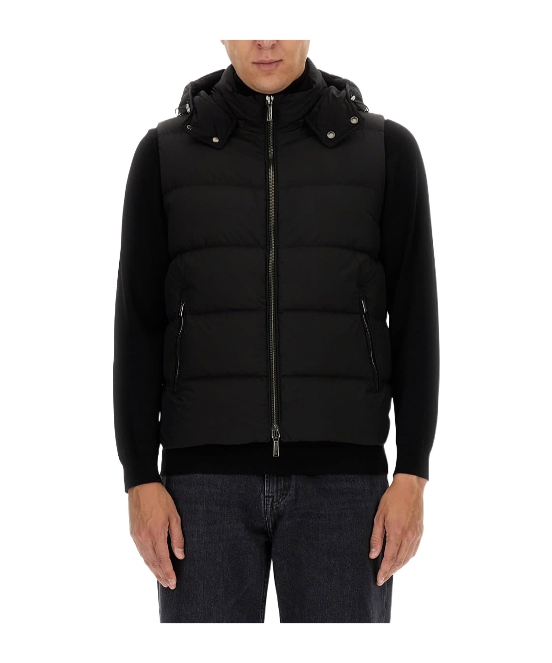 Moorer Hooded Padded Sleeveless Coat Front Pockets In Black