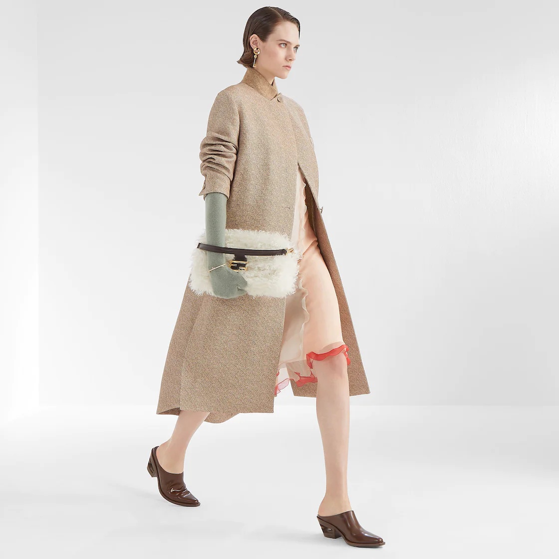 Fendi Brown Embroidered Wool Blend Coat In Nude
