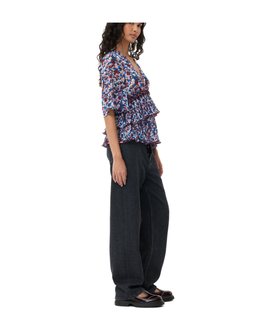 Ganni Pleated Blouse With Floral Motif In Multicolor
